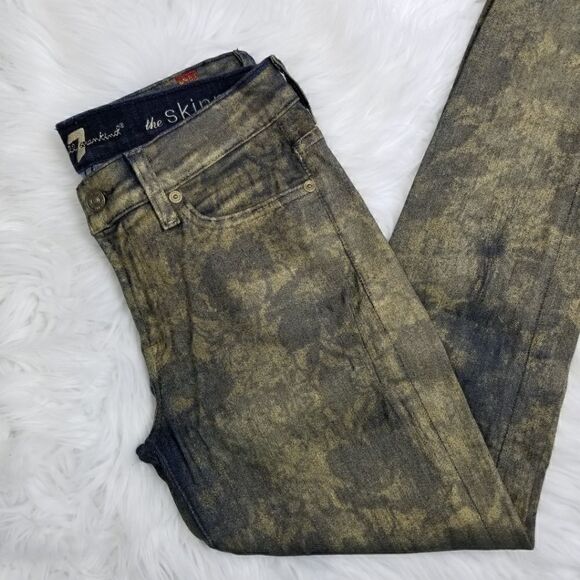 7FAM 7 For All Mankind Womens Size 27 Floral Print Skinny Jeans in Gold Metallic - Picture 2 of 7